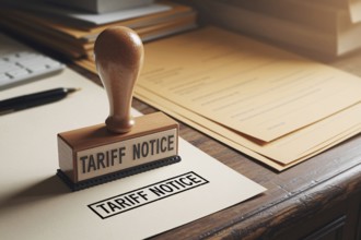 Close-up of worn Tariff Notice stamp on wooden desk with faded documents in background. Generative