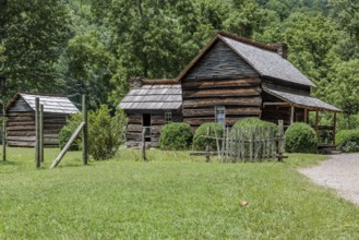 Historic log buildings at the Oconaluftee Visitor Center at Great Smoky Mountains National Park