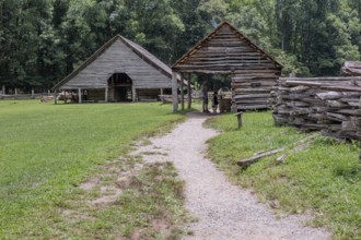 Historic log buildings at the Oconaluftee Visitor Center at Great Smoky Mountains National Park