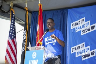 Detroit, Michigan USA - 7 June 2025 - Members of the United Auto Workers rally to support Rev.