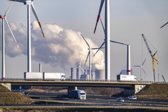 RWE Power brown coal power plant Neurath, RWE wind farm, Jackerath motorway junction, A44 and A61,