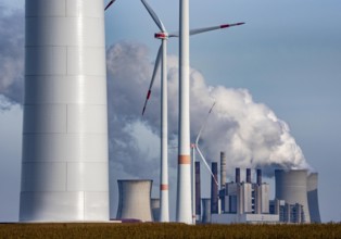 The RWE brown coal power plant in Neurath, wind farm, Rhenish lignite mining district of North