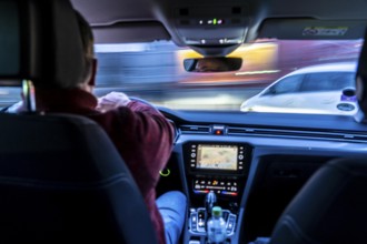 Driving in the city center, in heavy traffic, driver's perspective, Essen, North Rhine-Westphalia,