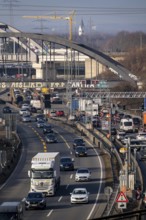 Traffic jam on the A43 motorway near Herne, heading north, in front of the barrier system, the