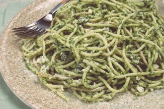 Spaghetti with pesto sauce, homemade, no people