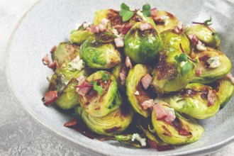 Roasted brussels sprouts, with bacon, vegetarian food, homemade, no people