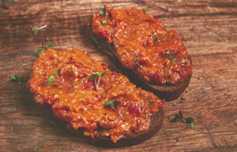 Sandwiches, rye bread with eggplant caviar, breakfast, top view, no people
