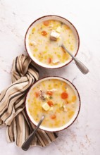 Finnish fish soup, lohikeito soup, creamy fish soup, two bowls of soup
