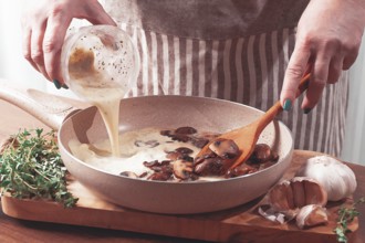 Cooking sauce with mushrooms, a woman pours cream into a pan with mushrooms, natural light,