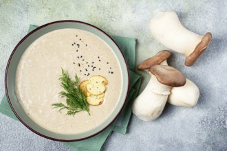 Mushroom cream soup, with dill and bruschetta, mushroom eringi