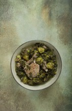 Chakapuli, Georgian dish, stewed meat with herbs and tkemali, in white wine, homemade, no people