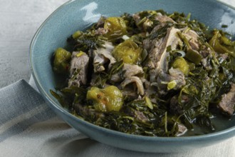 Chakapuli, Georgian dish, stewed meat with herbs and tkemali, in white wine, homemade, no people