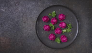 Beetroot khinkali, mini khinkali, purple, Georgian cuisine, no people