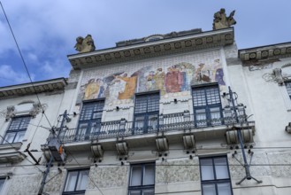 Art Nouveau house façade with coloured frescoes, residential building around 1900, Czernowicz,