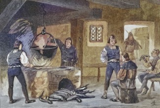 German Peasant War, 1524-1526, Bauernstube in Keula, Fische siedend/ German peasant war, peasant