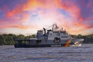 Decorated ship of the German Coast Guard and Federal Police BP 81 Potsdam leaves the Port of