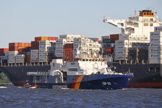 Decorated ship of the German Coast Guard and Federal Police BP 81 Potsdam leaves the Port of