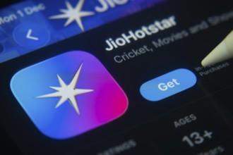 Dhaka, Bangladesh- 01 Dec 2025: A close-up of the JioHotstar app icon in the App Store on an iPad