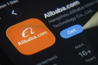 Dhaka, Bangladesh- 01 Dec 2025: A close-up of the Alibaba app icon in the App Store on an iPad
