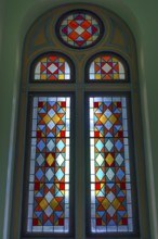 Colored stained glass windows in the National Yuri Fedkovych University, founded 1875, Czernowicz,