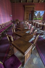 Work tables in the lecture hall of the National Yuri Fedkovych University, founded in 1875,