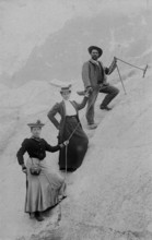 Mountaineering, rope protection, two woman and a man climbing in the Alps, around 1910, high