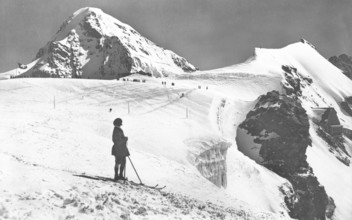 Jungfraujoch, (3450 m) with view of the Mönch (4110 m), ski hike in winter in the Swiss Alps, snow,