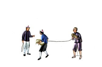 Jurisprudence, torture and punishment in medieval China, two guards lead an offender in chains,