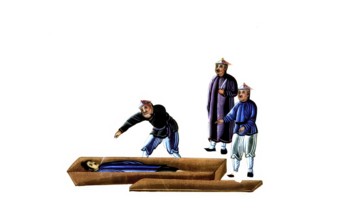 Jurisprudence, torture and punishment in medieval China, the scene shows officials examining a dead