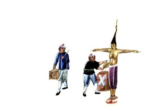 Jurisprudence, torture and punishment in medieval China, a convict is bound to a wooden cruciform