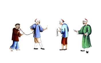 Jurisprudence, torture and punishment in medieval China, group of four people. An official or guard