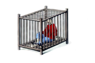 Jurisdiction, torture and punishment in medieval China, criminals in a cage. This person is also