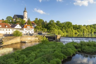 City view with church of Our Lady on the mountains and barrage of the Zwickauer Mulde, Penig,