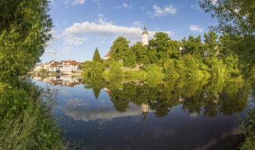 Panorama of city view with church of Our Lady on the mountains and reflection in Zwickauer Mulde,