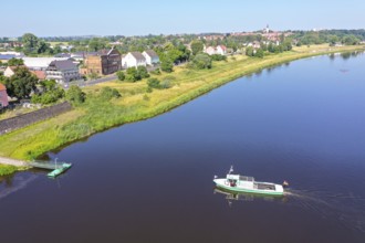 Aerial view of city view with church and castle, Elbe and ferry, Strehla, Saxony, Germany