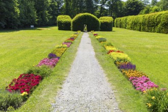Colourful blooming flower beds in Pulsnitz Castle Park, Saxony, Germany