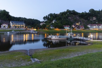 Twilight view of the ferry across the Elbe in the spa town of Rathen, Saxon Switzerland, Saxony,