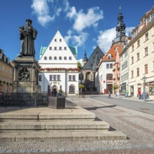The market square of Eisleben with the monument to Martin Luther, Luther monument, bronze sculpture