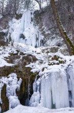 Urach waterfall full of bizarre ice formations frozen at winter temperatures, Bad Urach, Swabian