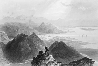 View from above, wild mountain landscape around Bantry Bay, County Cork, Ireland, small rock