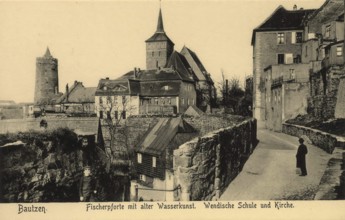 Historical postcard around 1900, Bautzen, fishing gate, old water art, Wendish school and church,