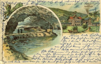 Historical postcard around 1900, Barbarossa cave, in Kyffhäuser near Rottleben, Thuringia, Germany,