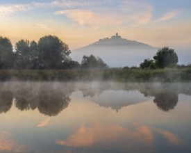 Wachsenburg Castle is reflected in the still water of a lake at sunrise, fog rises, castle of the