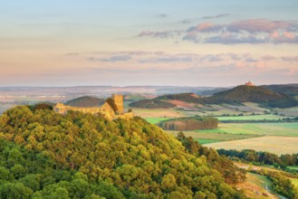 View of the ruins of Gleichen Castle in the evening light, Wachsenburg Fortress in the back, Three