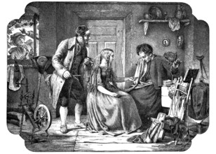 Hair buyer in Thuringia, Germany, woodcut from 1864