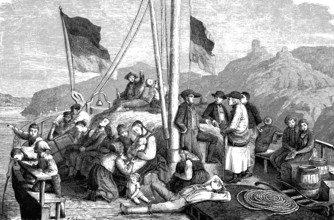 Emigrants on a ship on the Rhine, Germany, woodcut from 1864