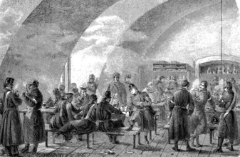 Austrian military tavern in the cellar of Gottorp Castle, woodcut from 1864