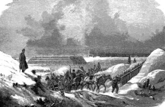 Ski jump on the banks of the Schlei, near Missunde, Kosel, Schleswig-Holstein, Germany, woodcut