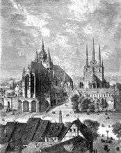 Erfurt with the cathedral, Thuringia, Germany, woodcut from 1864