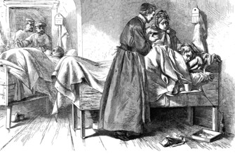 In the Prussian main hospital in Flensburg, Germany, woodcut from 1864